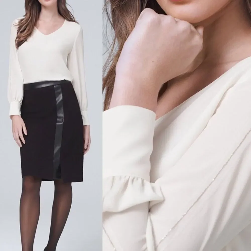 NWT WHBM Cream Long Sleeve Blouse Size Large V-Neck Button Detail 100% Polyester - Picture 1 of 10